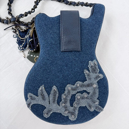 women Mary Frances NWT Metallic Melody Guitar Crossbody Bag Denim Blue Purse