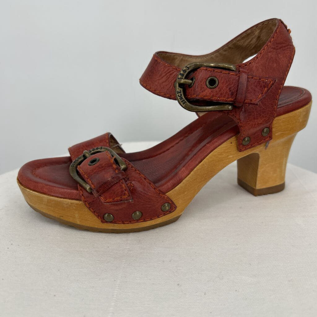 women Frye Leather Heel Clog Sandals Rustic Red Shoes 6