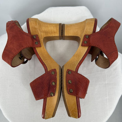 women Frye Leather Heel Clog Sandals Rustic Red Shoes 6
