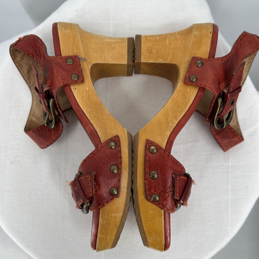 women Frye Leather Heel Clog Sandals Rustic Red Shoes 6