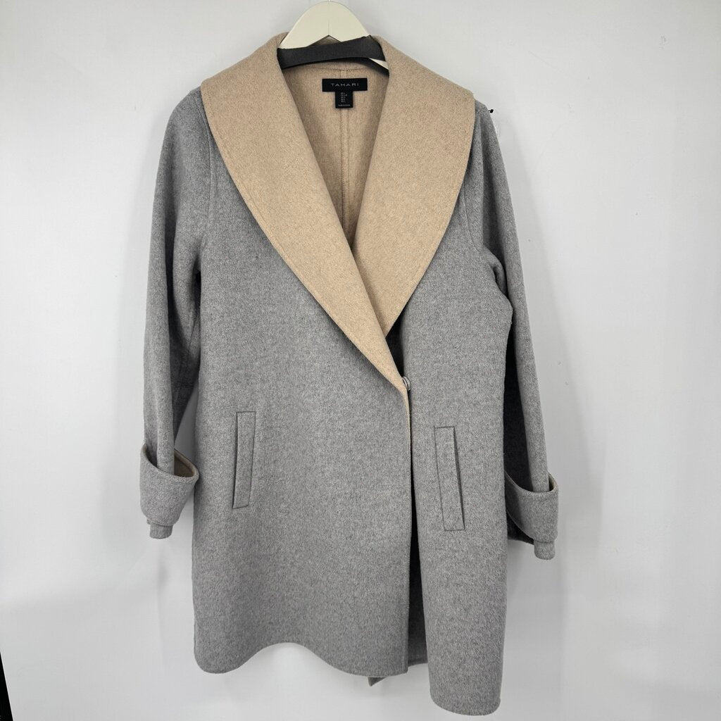 women Tahari Minimalist Wool Blend Shawl Collar Dove Gray and Oatmeal Coat L
