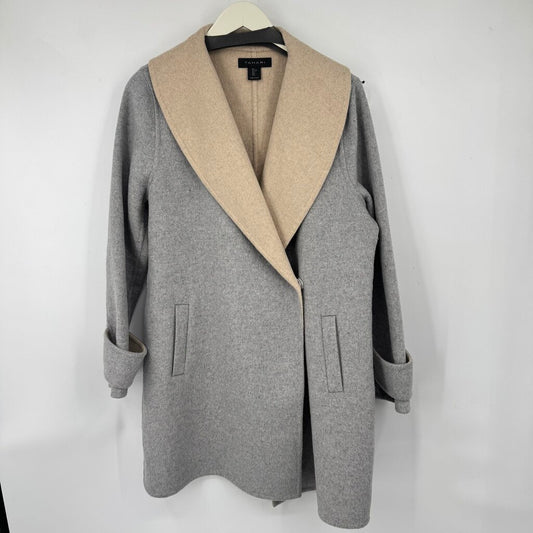women Tahari Minimalist Wool Blend Shawl Collar Dove Gray and Oatmeal Coat L