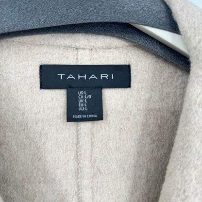 women Tahari Minimalist Wool Blend Shawl Collar Dove Gray and Oatmeal Coat L