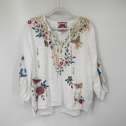 women Johnny Was Linen Embroidered Blouse White Multi Woven Top S