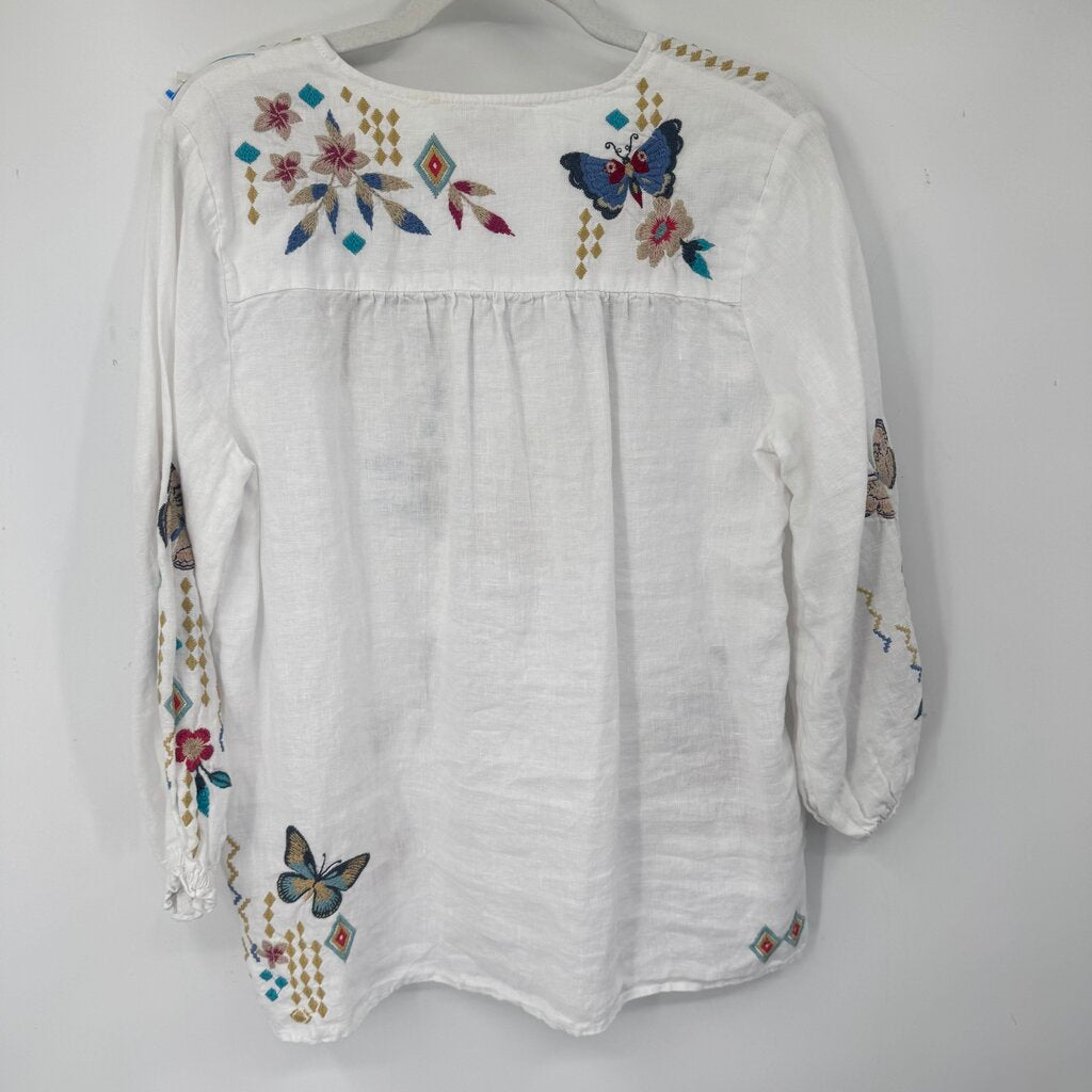 women Johnny Was Linen Embroidered Blouse White Multi Woven Top S