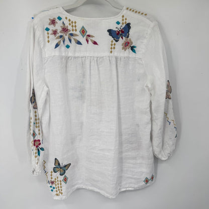 women Johnny Was Linen Embroidered Blouse White Multi Woven Top S