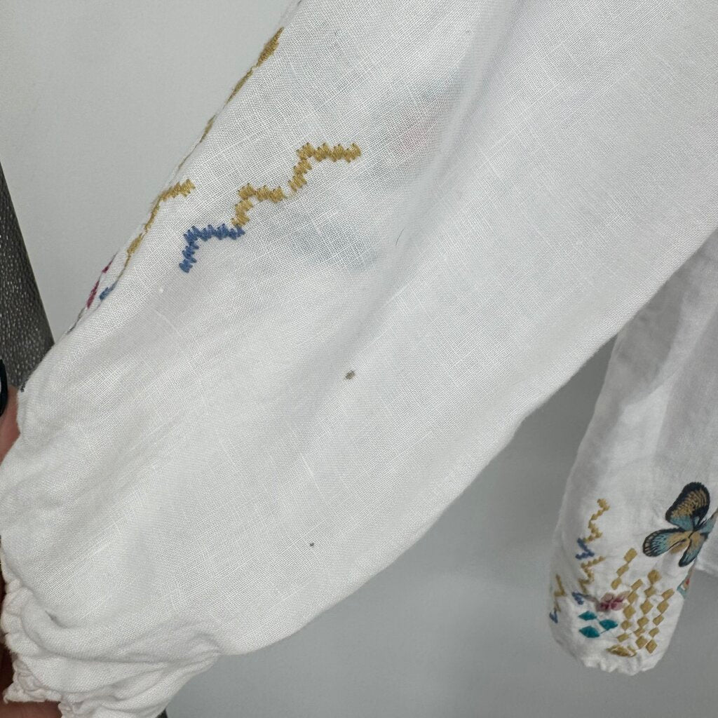 women Johnny Was Linen Embroidered Blouse White Multi Woven Top S