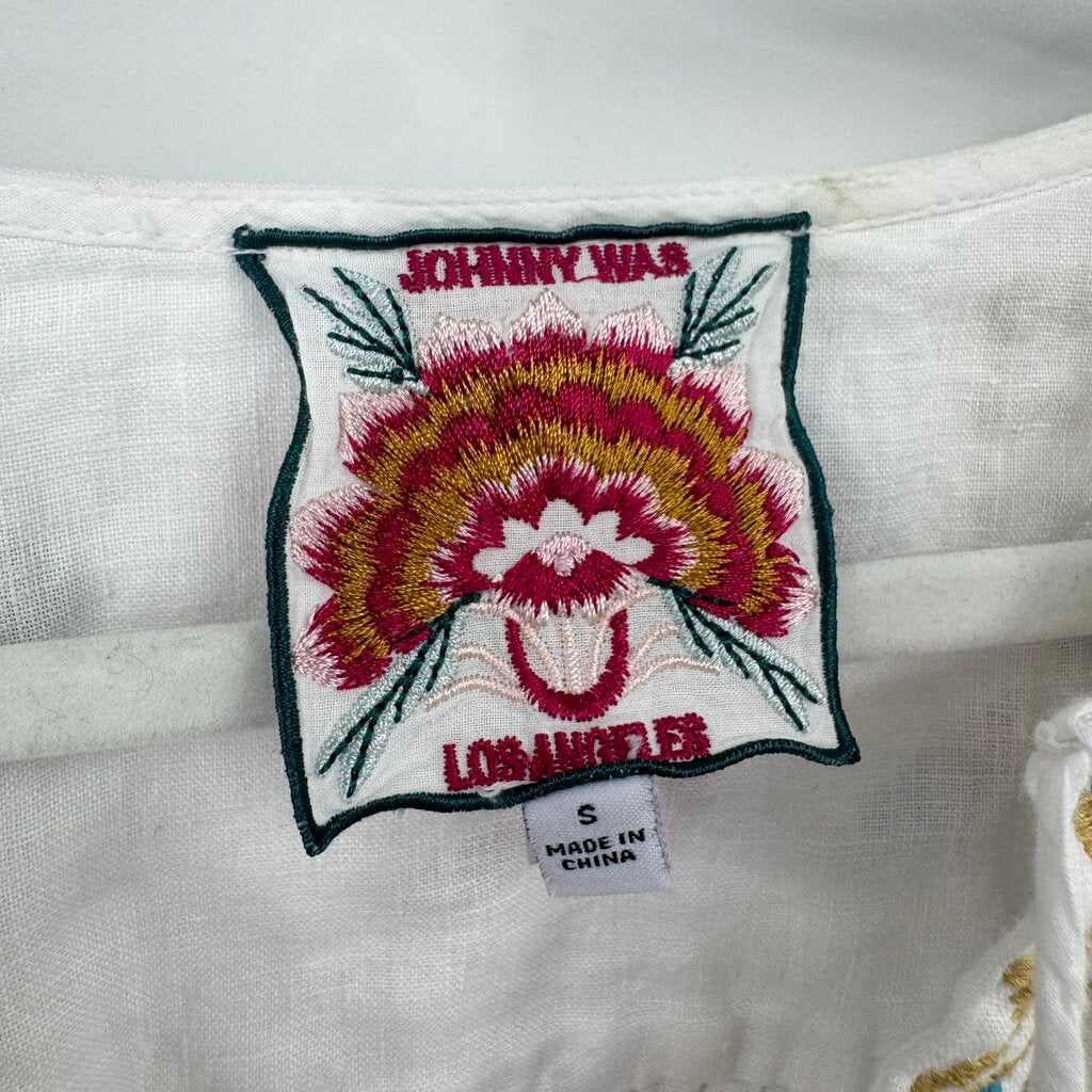 women Johnny Was Linen Embroidered Blouse White Multi Woven Top S