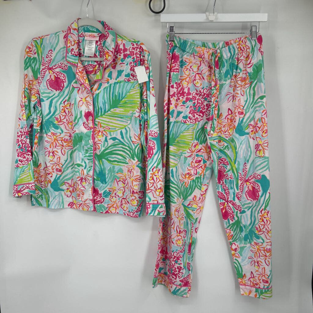 women Lilly Pulitzer Cotton Two Piece PJ Set White Pink Green Woven Top M
