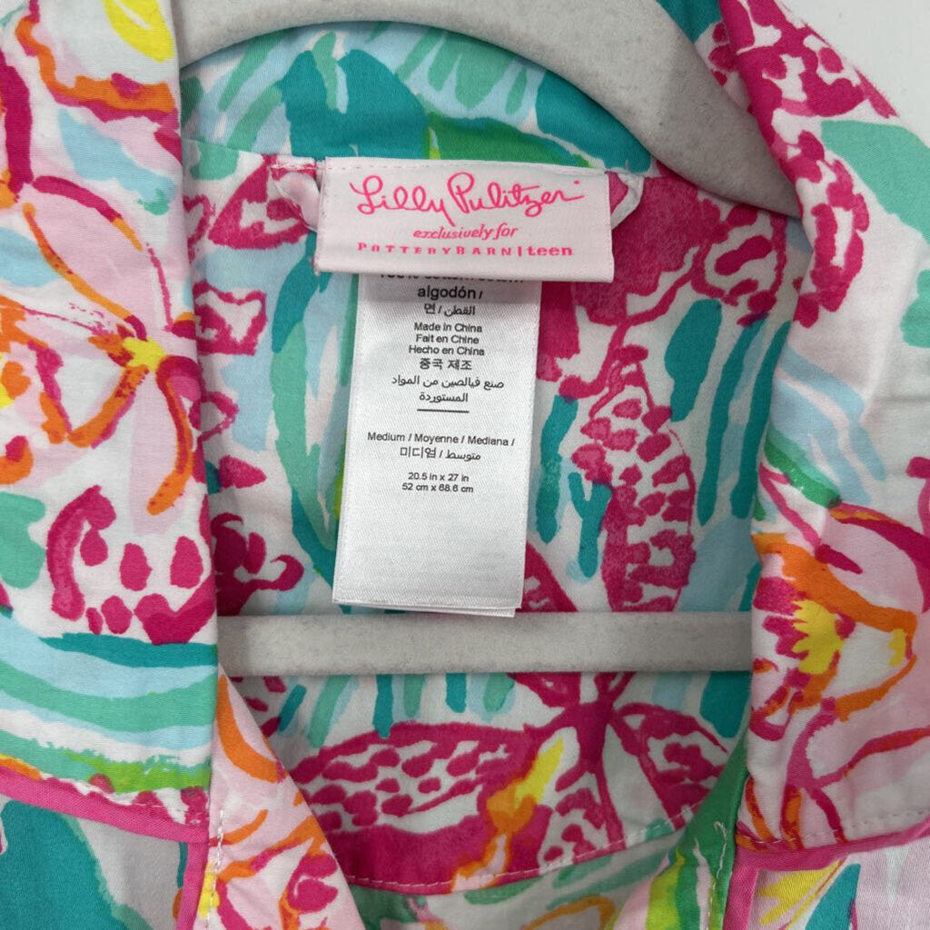 women Lilly Pulitzer Cotton Two Piece PJ Set White Pink Green Woven Top M