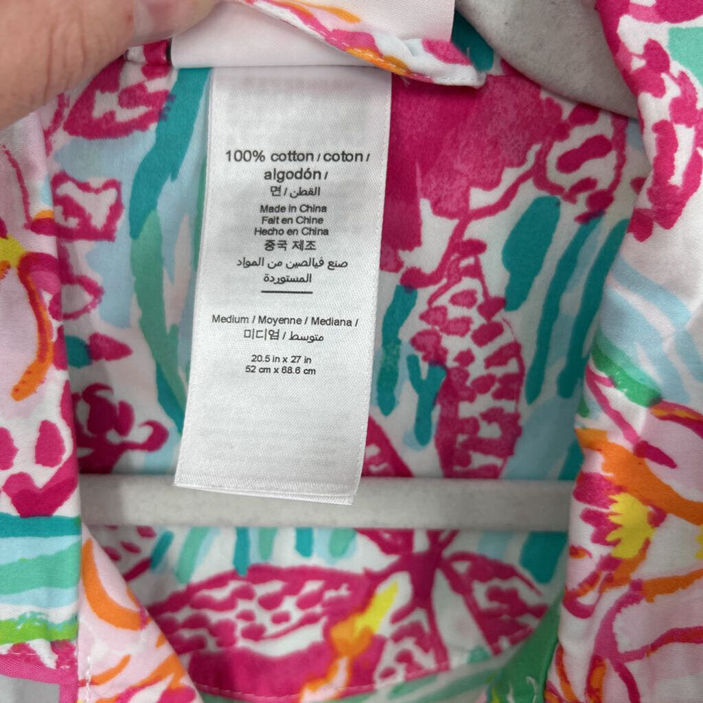 women Lilly Pulitzer Cotton Two Piece PJ Set White Pink Green Woven Top M