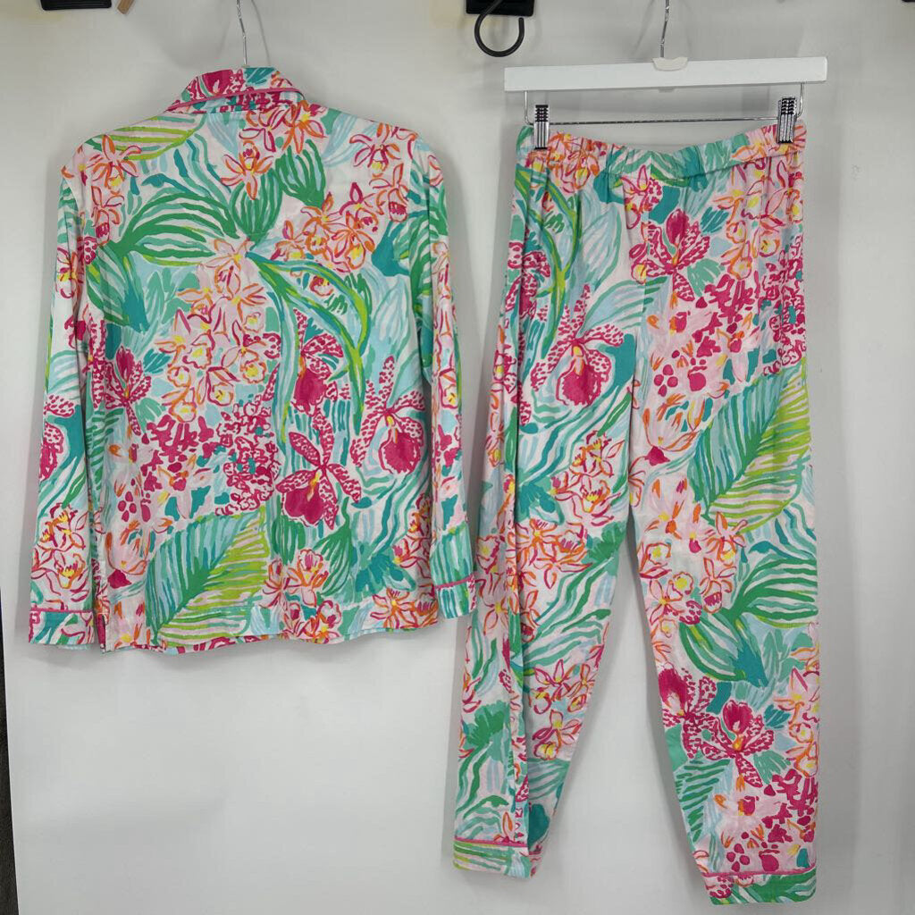 women Lilly Pulitzer Cotton Two Piece PJ Set White Pink Green Woven Top M