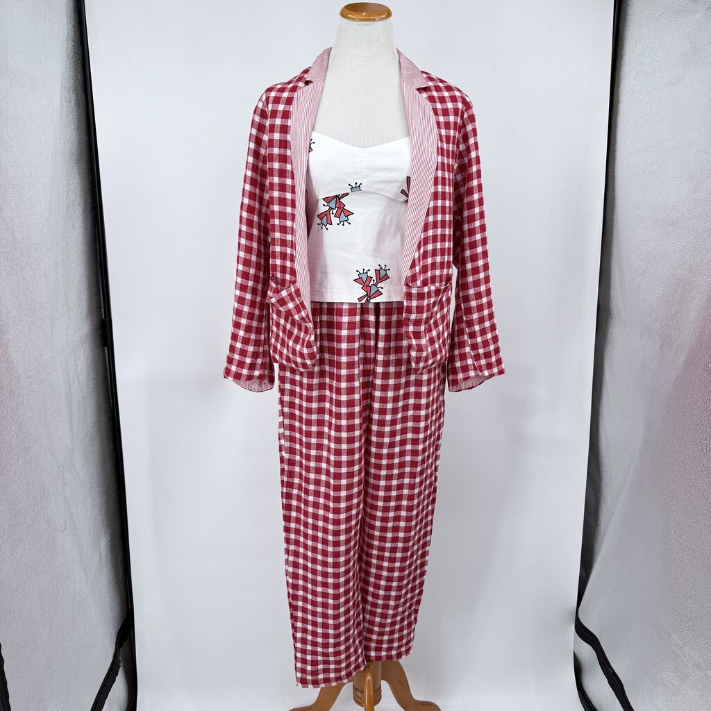 women Gallego Desportes Two Piece Linen Gingham Set Blazer & Pants MSRP $1,000 Red White Jumpsuit/Romper M