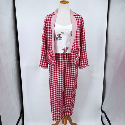 women Gallego Desportes Two Piece Linen Gingham Set Blazer & Pants MSRP $1,000 Red White Jumpsuit/Romper M