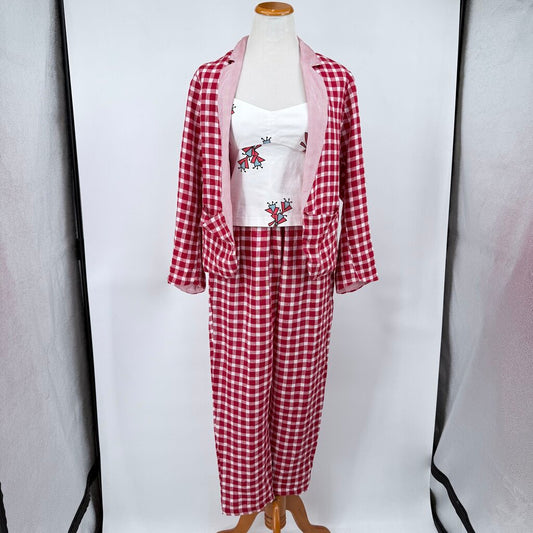 women Gallego Desportes Two Piece Linen Gingham Set Blazer & Pants MSRP $1,000 Red White Jumpsuit/Romper M