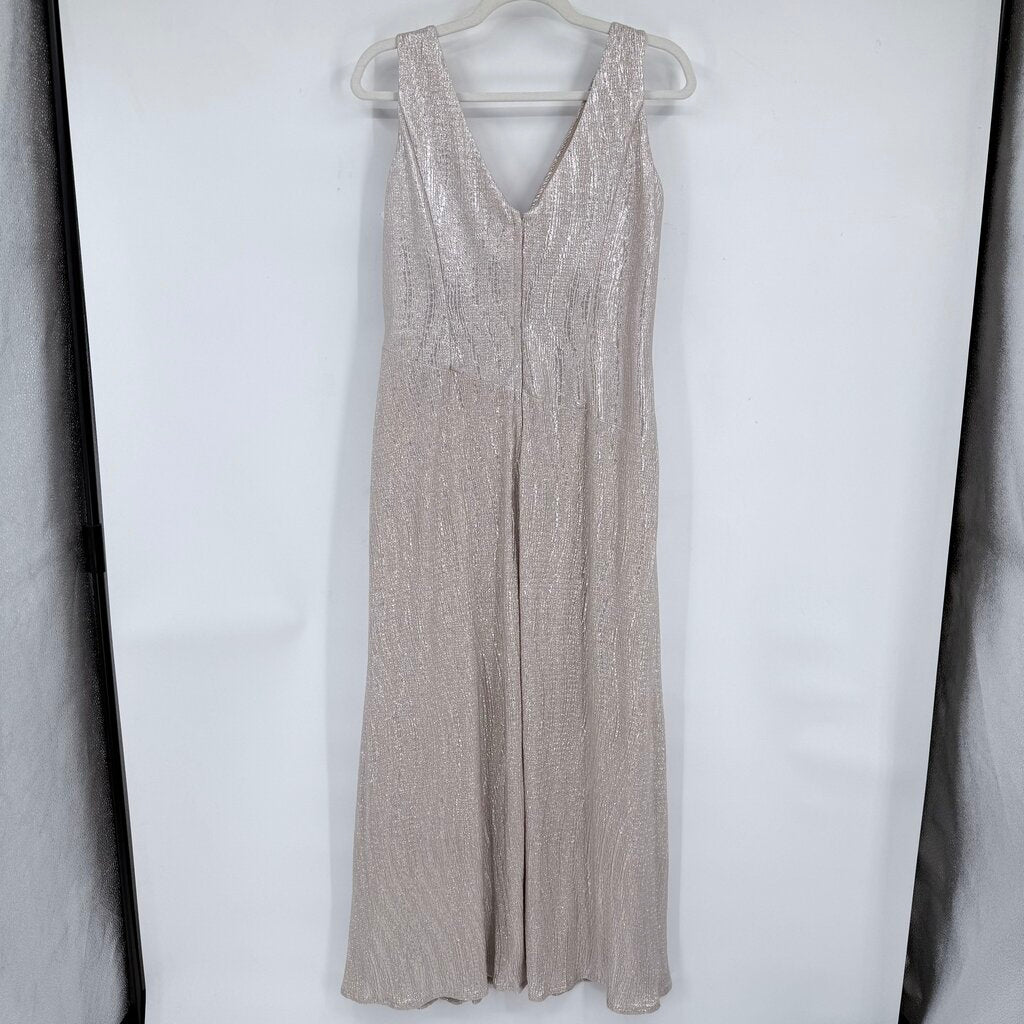 women Oleg Cassini MSRP $188 V-Neck Metallic Gown Silver Shampagne Dress 12