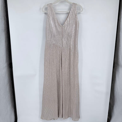 women Oleg Cassini MSRP $188 V-Neck Metallic Gown Silver Shampagne Dress 12