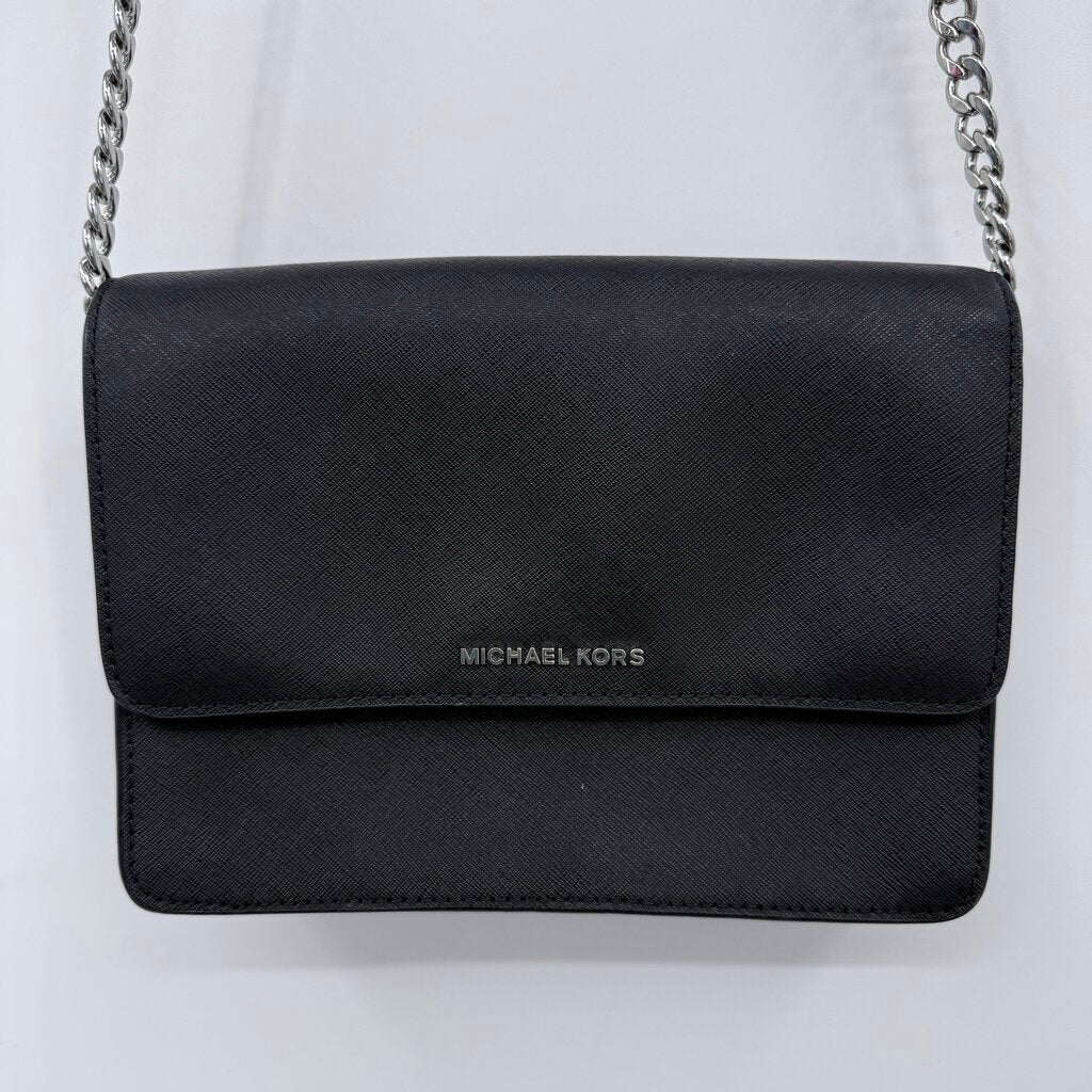 women Michael Kors Jet Set Large East West Flap Crossbody Black Silver Purse 9" x 6.5" x 2"