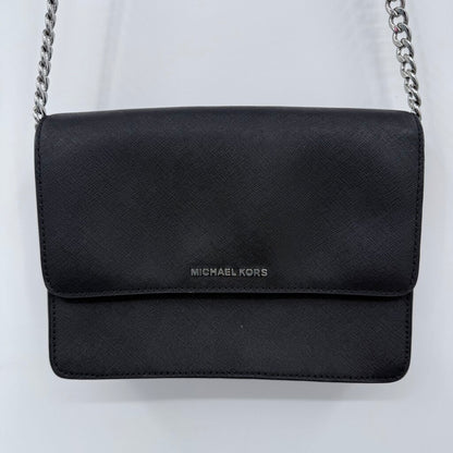 women Michael Kors Jet Set Large East West Flap Crossbody Black Silver Purse 9" x 6.5" x 2"
