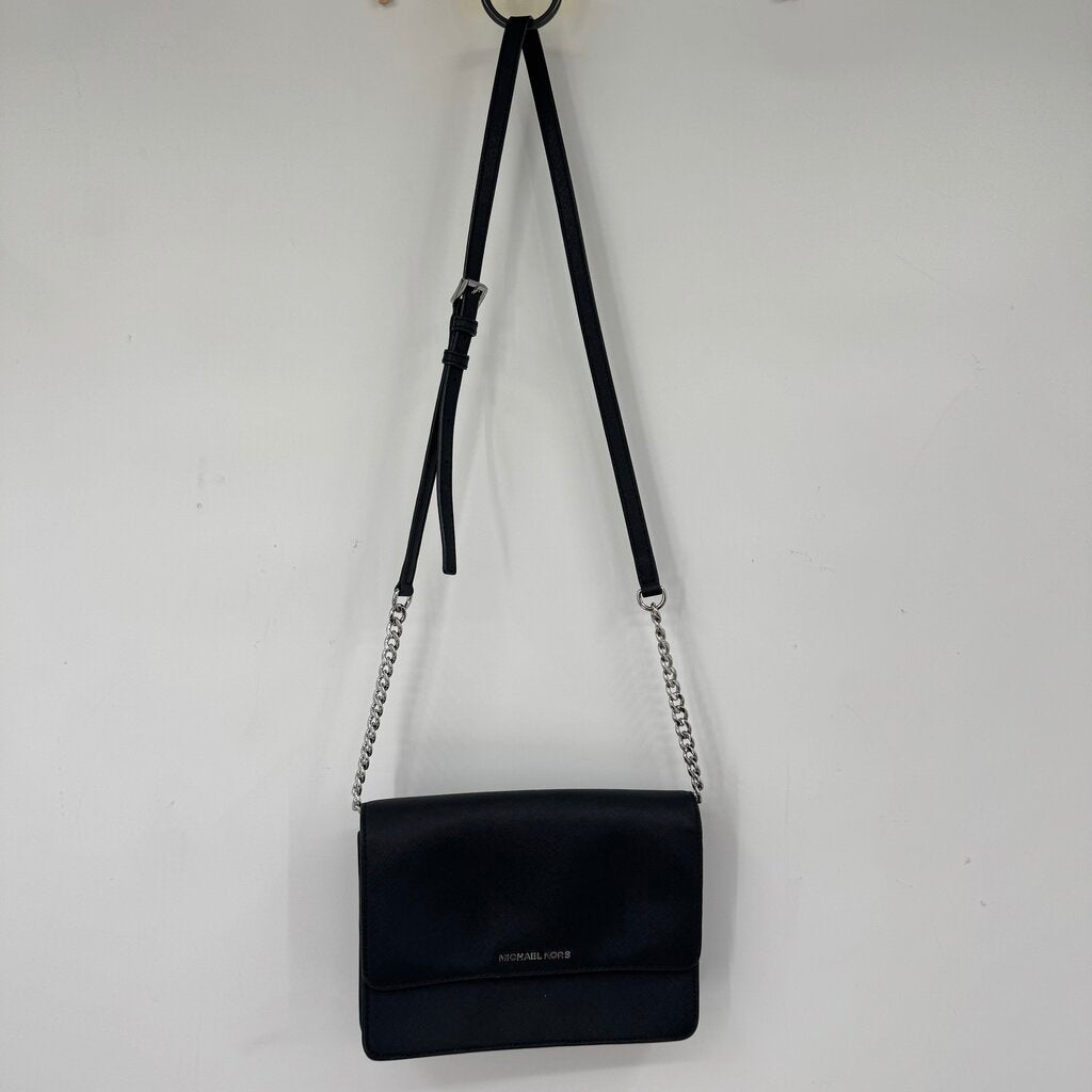 women Michael Kors Jet Set Large East West Flap Crossbody Black Silver Purse 9" x 6.5" x 2"
