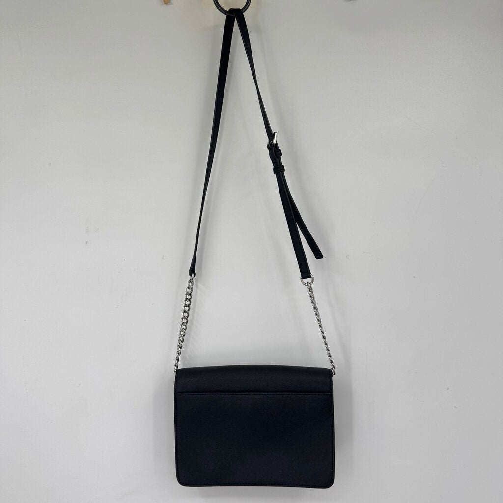 women Michael Kors Jet Set Large East West Flap Crossbody Black Silver Purse 9" x 6.5" x 2"
