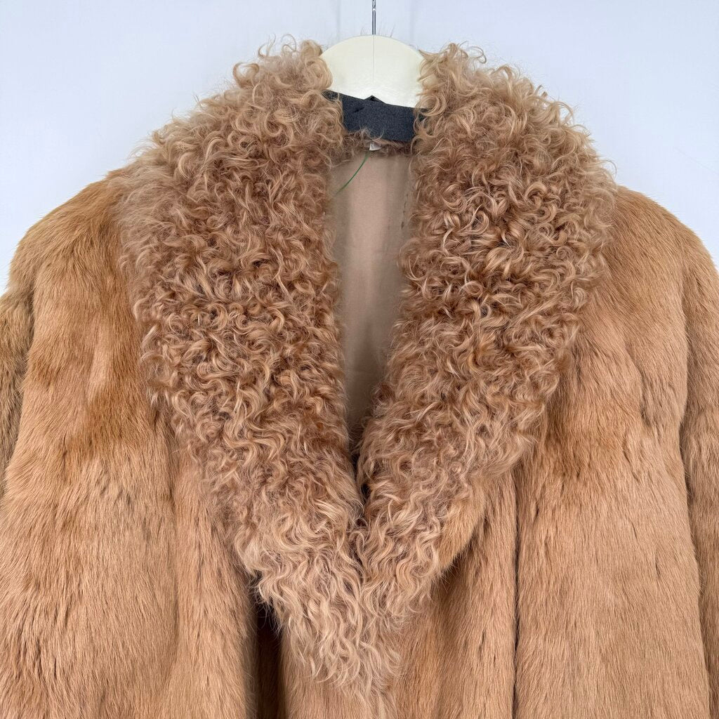 women Vintage Rabbit Fur W/Curly Lamb Collar Caramel brown Coat L