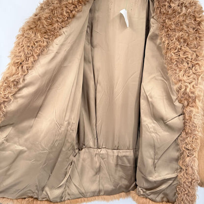 women Vintage Rabbit Fur W/Curly Lamb Collar Caramel brown Coat L
