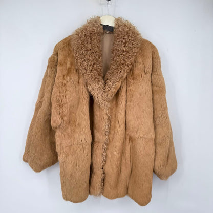 women Vintage Rabbit Fur W/Curly Lamb Collar Caramel brown Coat L