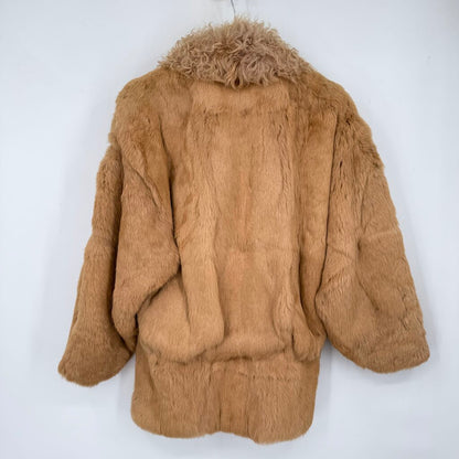 women Vintage Rabbit Fur W/Curly Lamb Collar Caramel brown Coat L