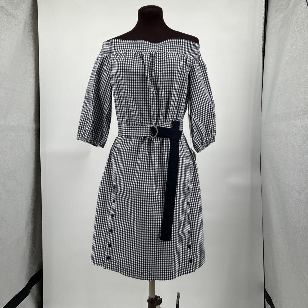 women Worth NWT Gingham Off Shoulder Midi Navy and White Dress M