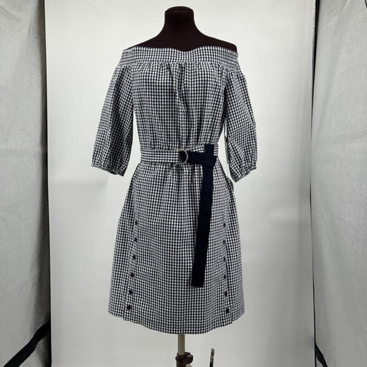 women Worth NWT Gingham Off Shoulder Midi Navy and White Dress M