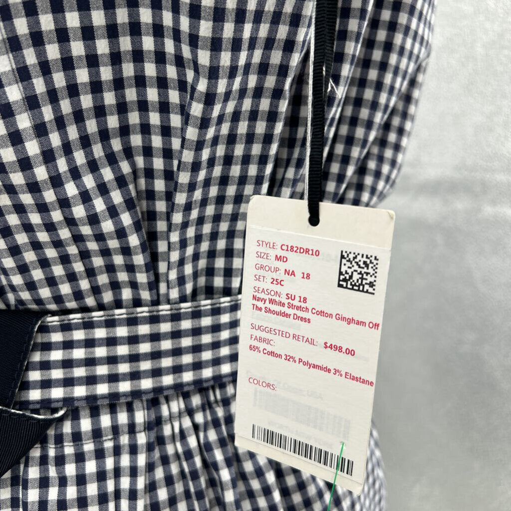 women Worth NWT Gingham Off Shoulder Midi Navy and White Dress M
