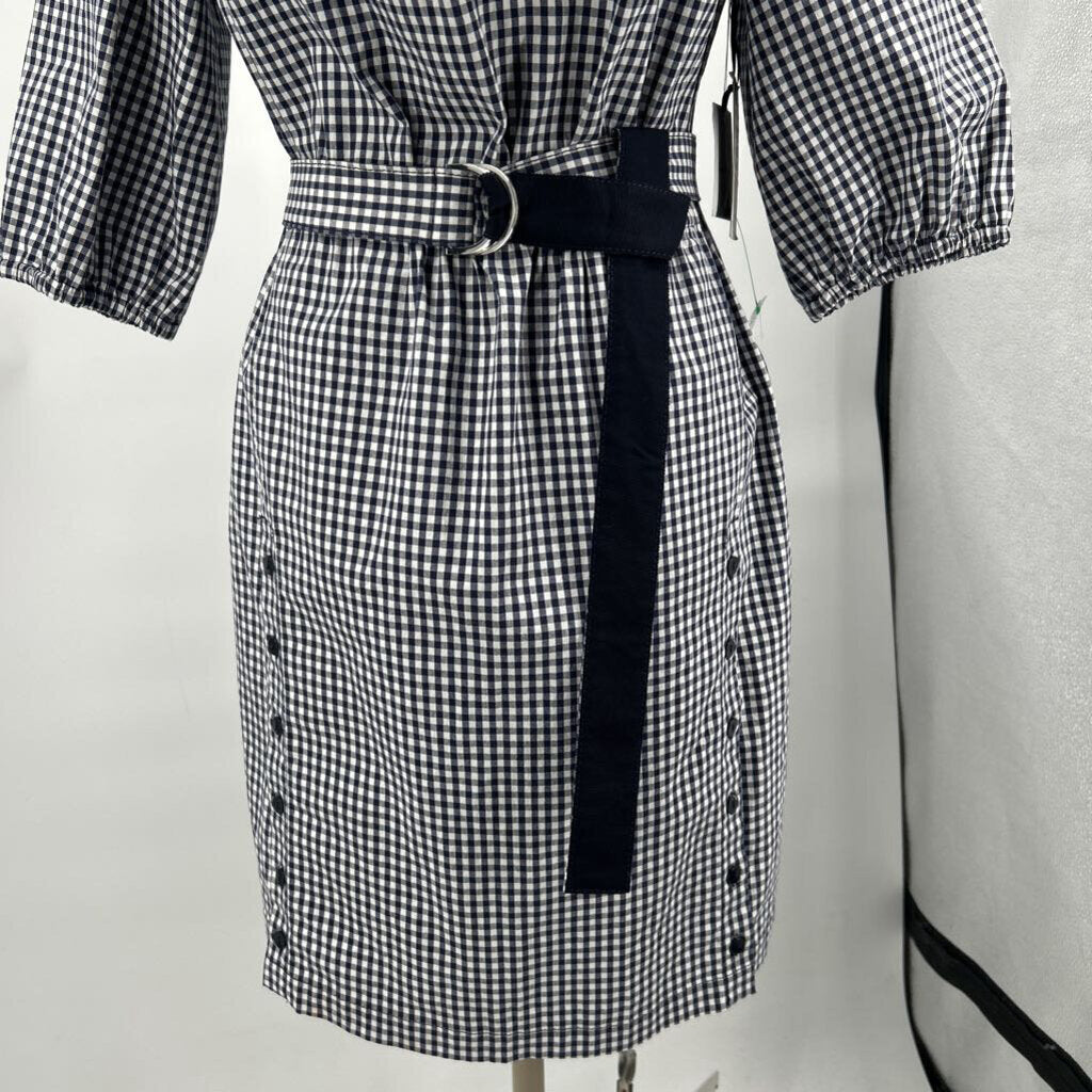 women Worth NWT Gingham Off Shoulder Midi Navy and White Dress M