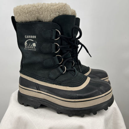 women Sorel Caribou Waterproof Snow Boots Black Cream Shoes 6