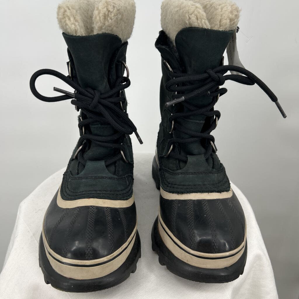 women Sorel Caribou Waterproof Snow Boots Black Cream Shoes 6