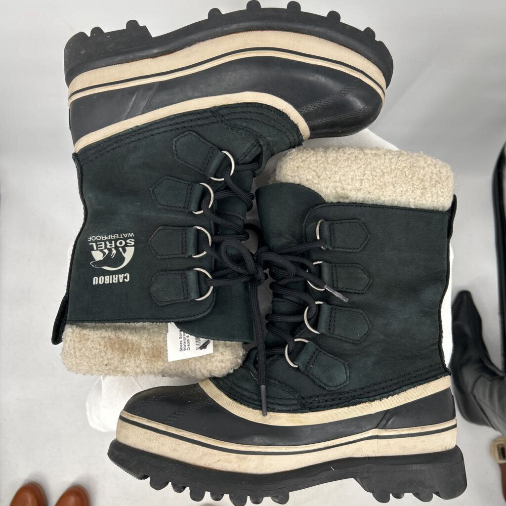 women Sorel Caribou Waterproof Snow Boots Black Cream Shoes 6