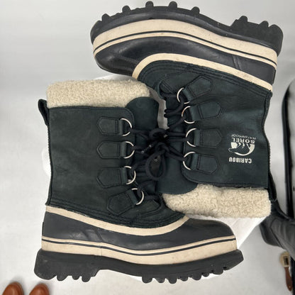women Sorel Caribou Waterproof Snow Boots Black Cream Shoes 6