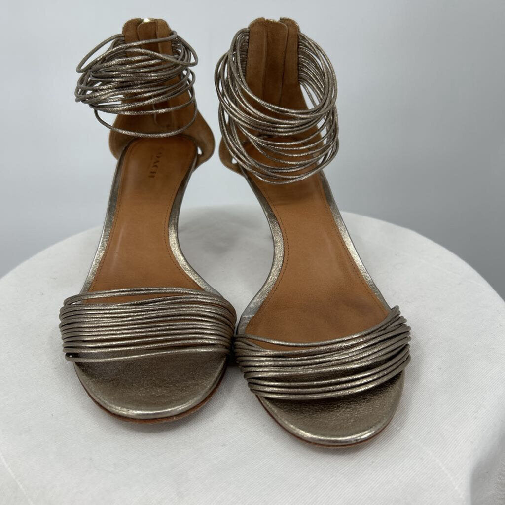 women Coach Manya Metallic Strappy Kitten Heel Sandals Gold Shoes 9B