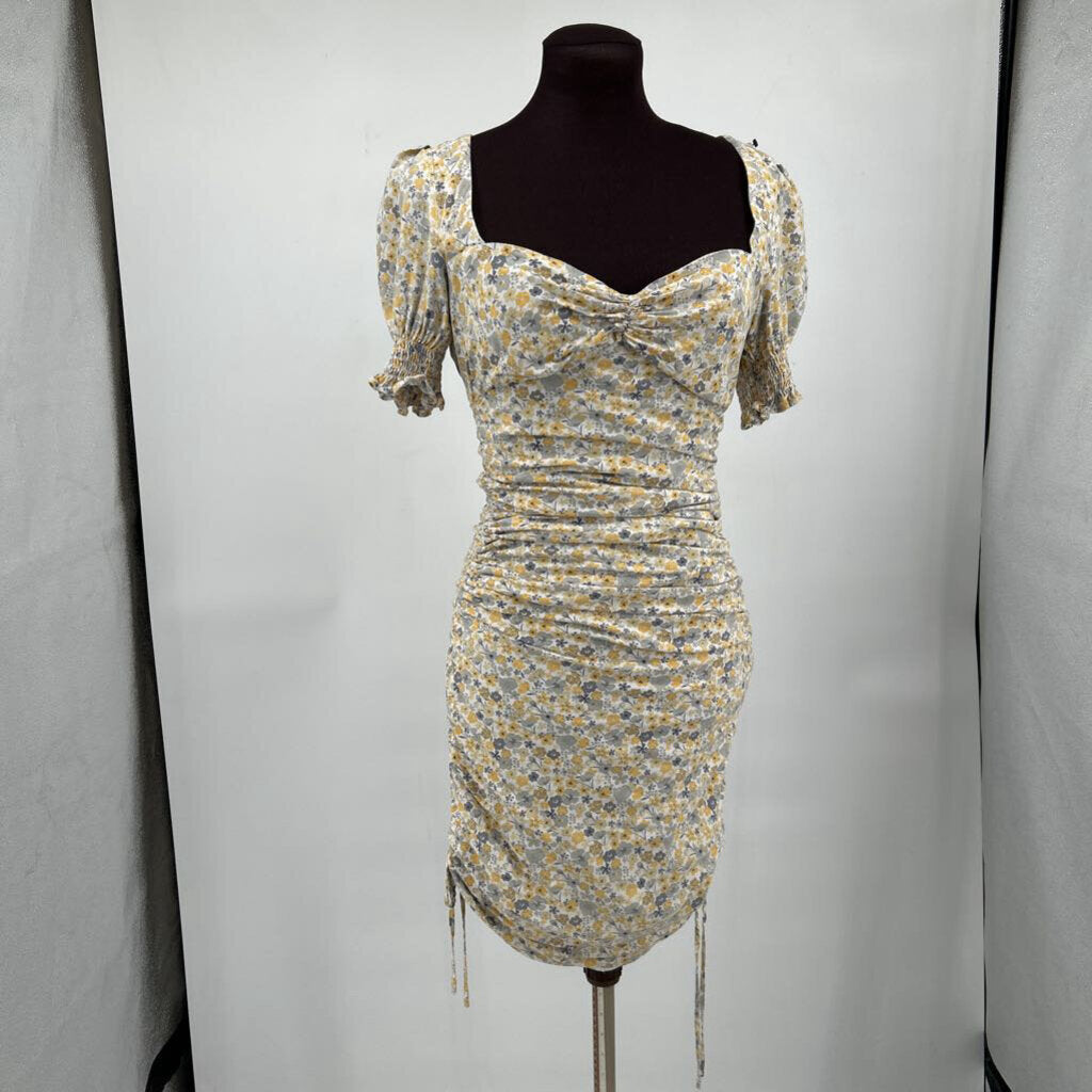 women Bardot Floral Ruched Bodycon Yellow Cream Multi Dress 6/S