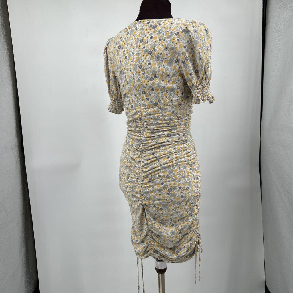 women Bardot Floral Ruched Bodycon Yellow Cream Multi Dress 6/S