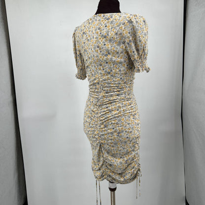 women Bardot Floral Ruched Bodycon Yellow Cream Multi Dress 6/S