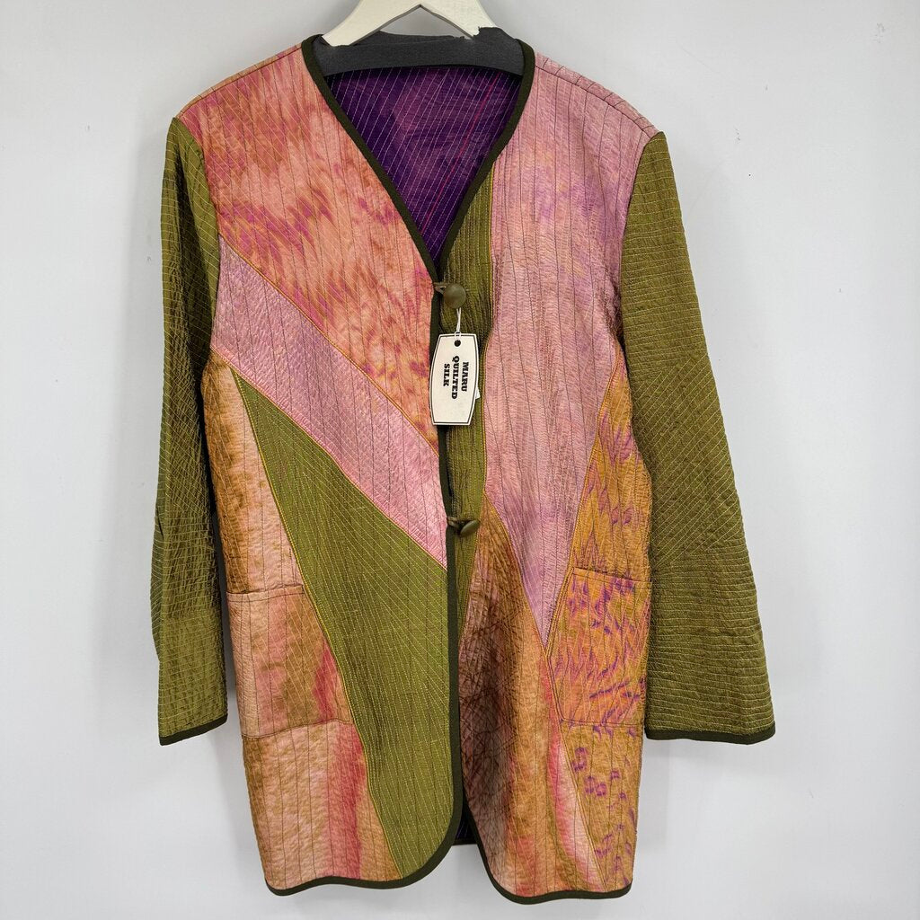 women Robert Dachenhausen NWT Maru Reversible Quilted Silk Purple Green Multi Jacket M