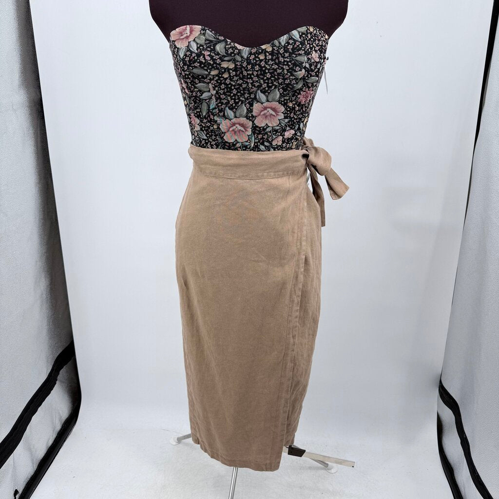 women Reformation Linen Florence Midi Wrap Khaki Skirt S