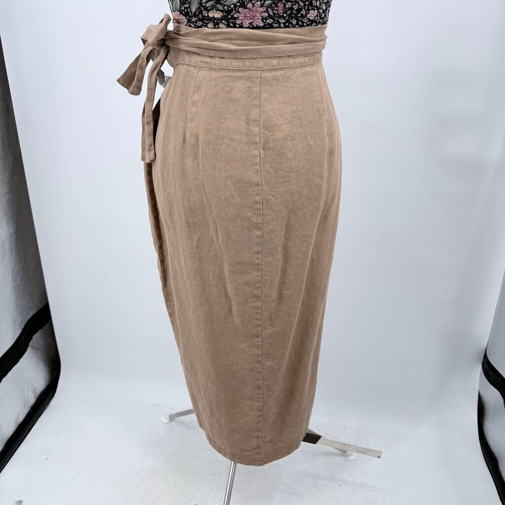 women Reformation Linen Florence Midi Wrap Khaki Skirt S