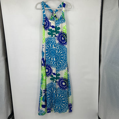 women Kamehameha 1970's Hawaiian Maxi Dress White Blue Green Vintage M/L