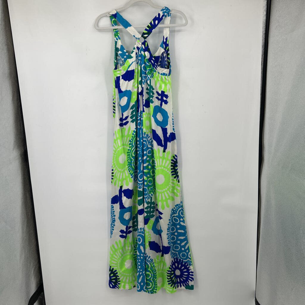 women Kamehameha 1970's Hawaiian Maxi Dress White Blue Green Vintage M/L