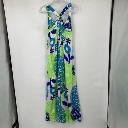 women Kamehameha 1970's Hawaiian Maxi Dress White Blue Green Vintage M/L