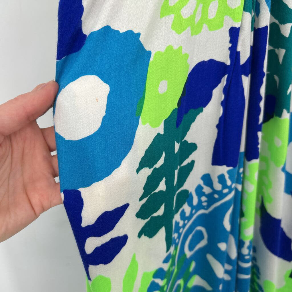 women Kamehameha 1970's Hawaiian Maxi Dress White Blue Green Vintage M/L