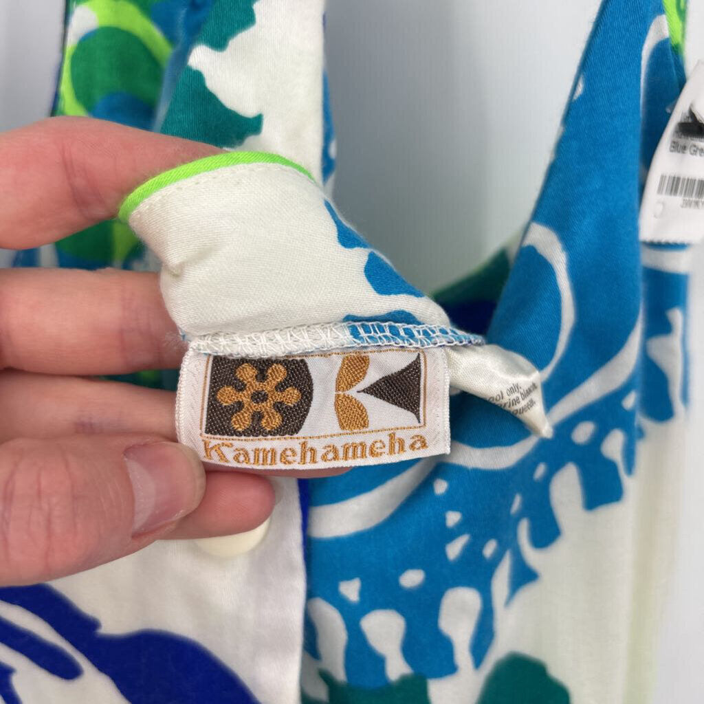 women Kamehameha 1970's Hawaiian Maxi Dress White Blue Green Vintage M/L