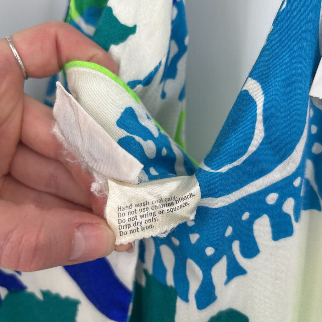 women Kamehameha 1970's Hawaiian Maxi Dress White Blue Green Vintage M/L